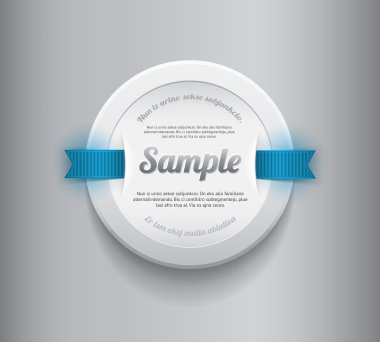 Beyaz vektör yuvarlak plastik rozet - mavi kurdele ile banner