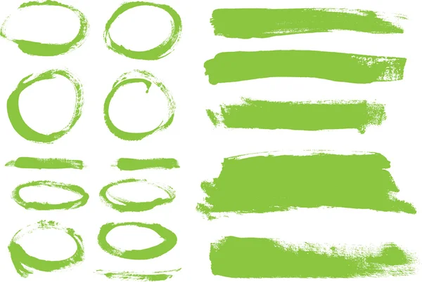Green hand painted vector abstract brush strokes and circles collection — Stock Vector