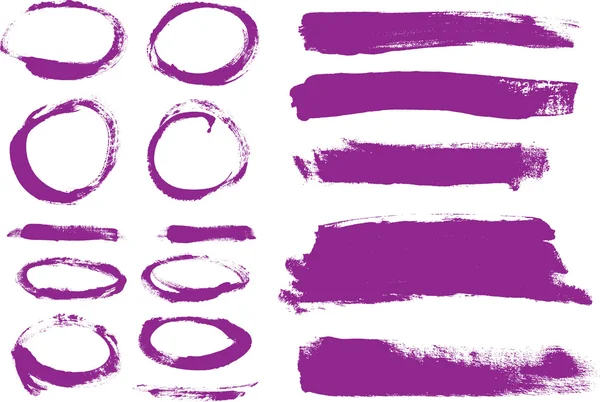 Purple hand painted vector abstract brush strokes and circles collection — Stock Vector