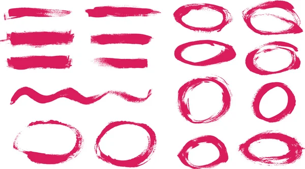 Pennellate astratte vettoriali dipinte a mano rosse e collezione di cerchi — Vettoriale Stock