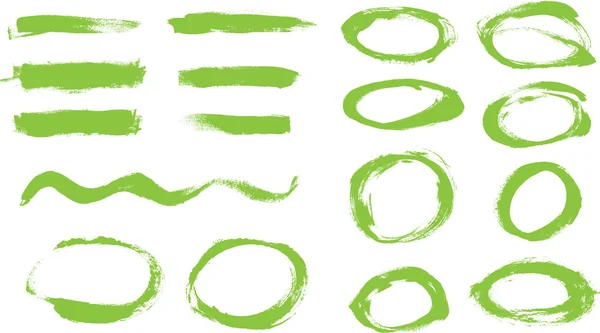 Green hand painted vector abstract brush strokes and circles collection — Stock Vector