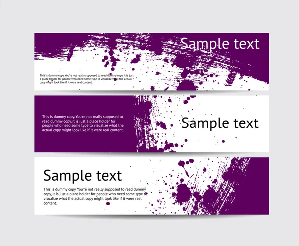 Set van paarse vector penseel beroerte hand geschilderd banners met verf splatters — Stockvector