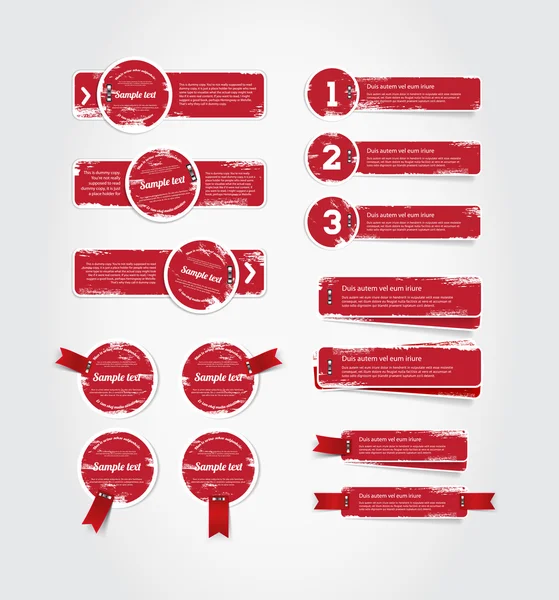 Grungy vector red badges collection with peeled weathered paint, red ribbons and chrome staples — Stock Vector