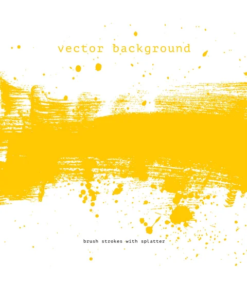 Bright yellow vector brush stroke hand painted background with paint splatter — Stock Vector