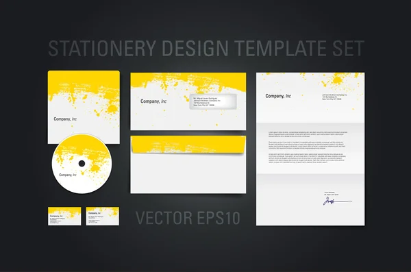 Plantilla de diseño de papelería de vector amarillo con textura de trazos de pincel pintados a mano — Vector de stock