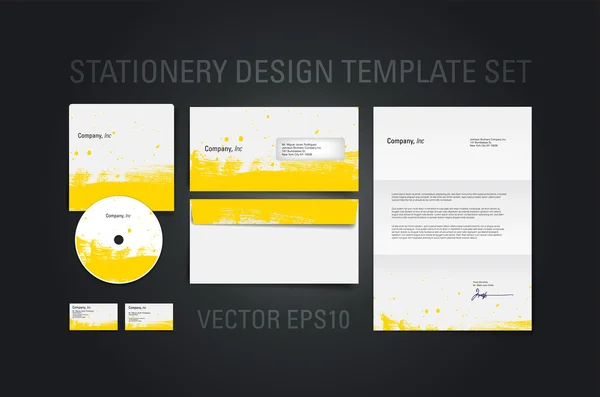 Yellow vector stationery design template set with hand painted brush strokes texture — Stock Vector