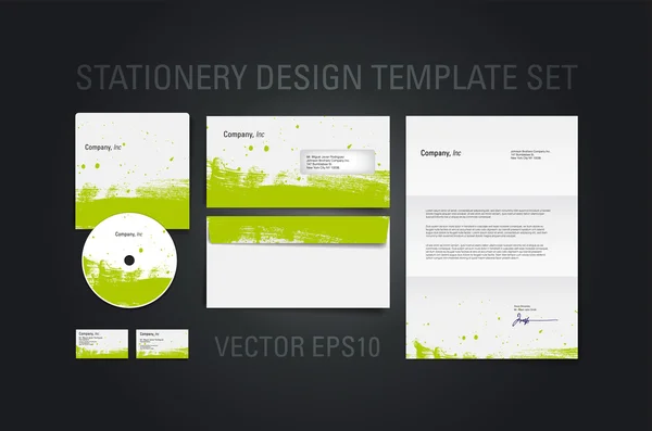 Plantilla de diseño de papelería vectorial verde con textura de pinceladas pintadas a mano — Vector de stock