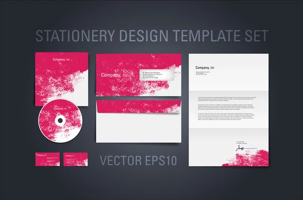 Pink vector stationery design template set with grungy paint texture — Stock Vector