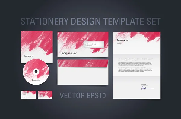 Red vector stationery design template set with hand painted brush strokes texture — Stock Vector