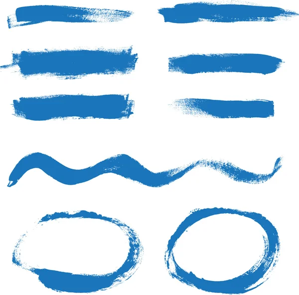 Blue hand painted vector abstract brush strokes and circles collection — Stock Vector