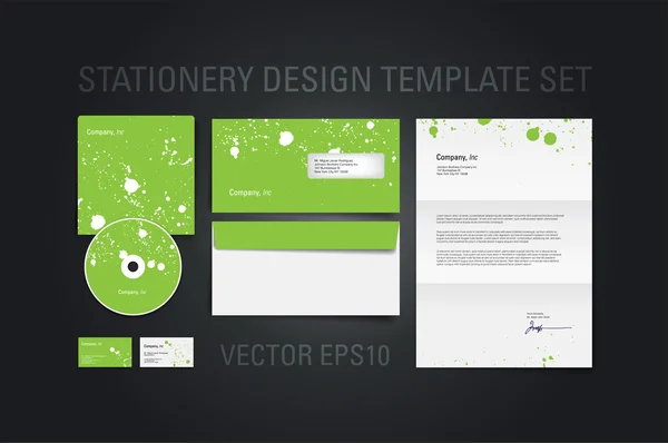 Green vector stationery design template set with paint splatters — Stock Vector