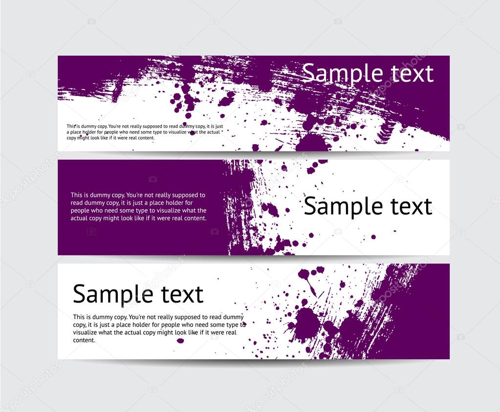 Set of purple vector brush stroke hand painted banners with paint splatters