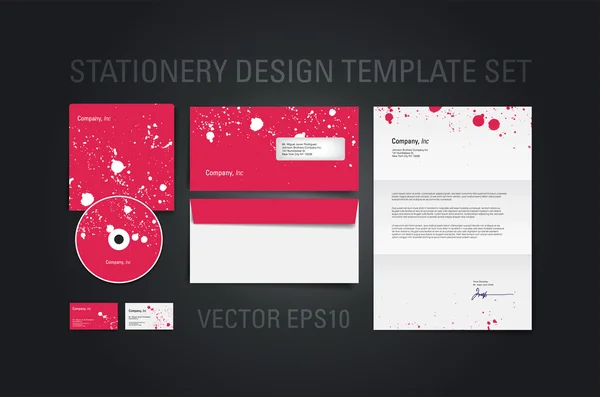 Red vector stationery design template set with paint splatters — Stock Vector