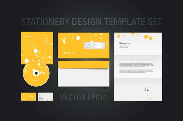 Yellow vector stationery design template set with paint splatters — Stock Vector