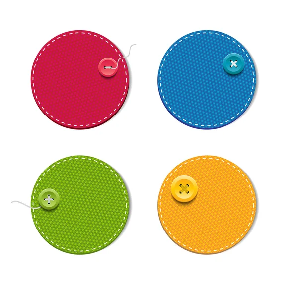 Vektor denim tyg runt färgglada märken med knappar — Stock vektor