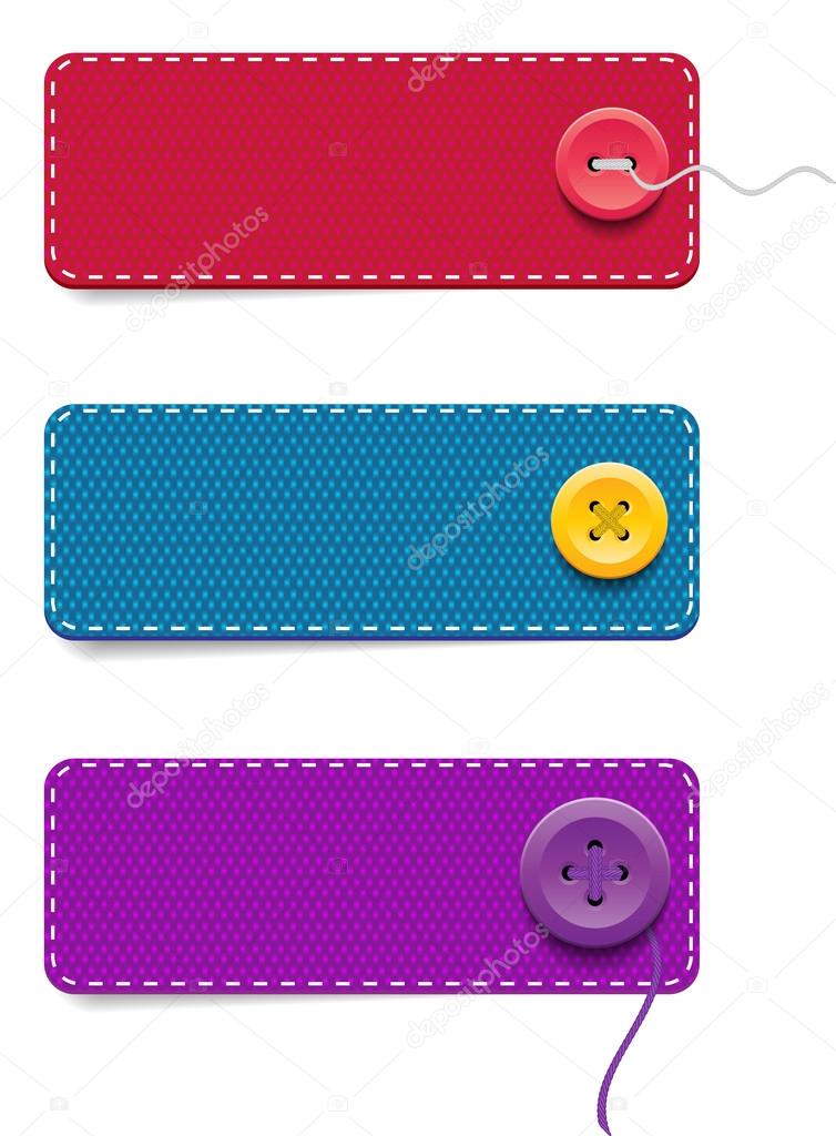 Vector denim fabric rectangular colorful badges set with buttons