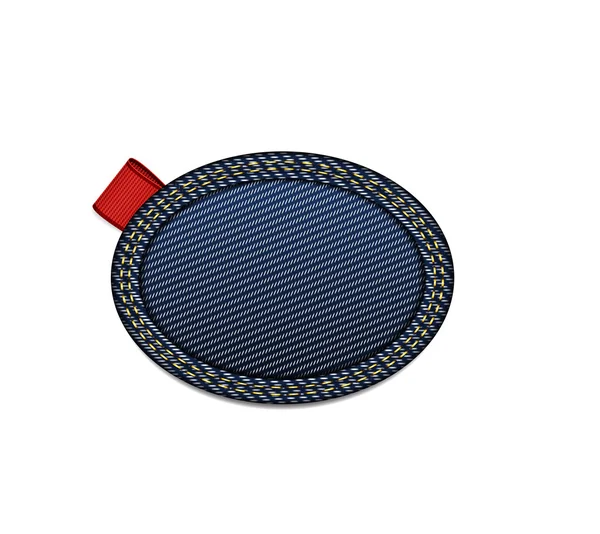 Insignia ovalada de mezclilla azul con una etiqueta de cinta roja — Vector de stock