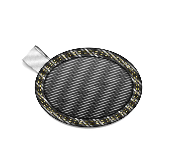 Schwarzer Jeansstoff ovales Abzeichen mit einem weißen Schleifenanhänger — Stockvektor