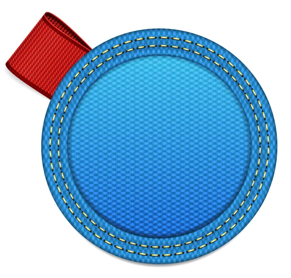 Blauwe stof ronde badge met een rood lint tag — Stockvector