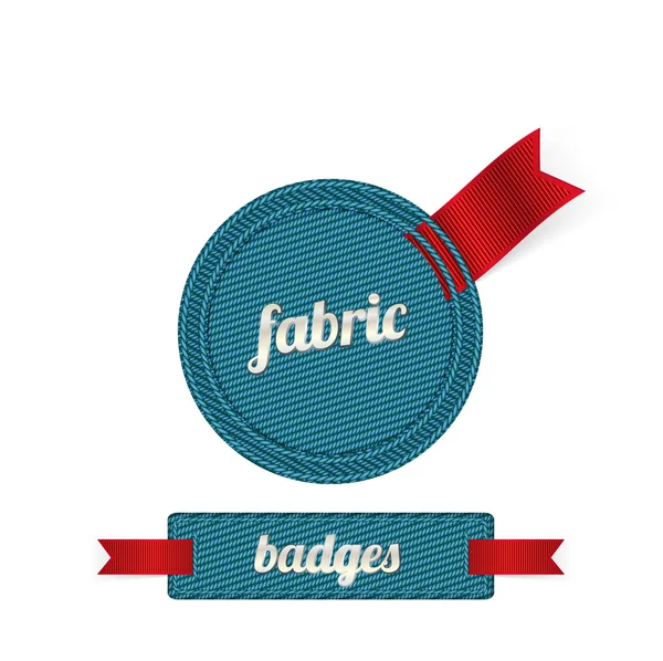 Blue vector fabric badges with red ribbons — Stock Vector