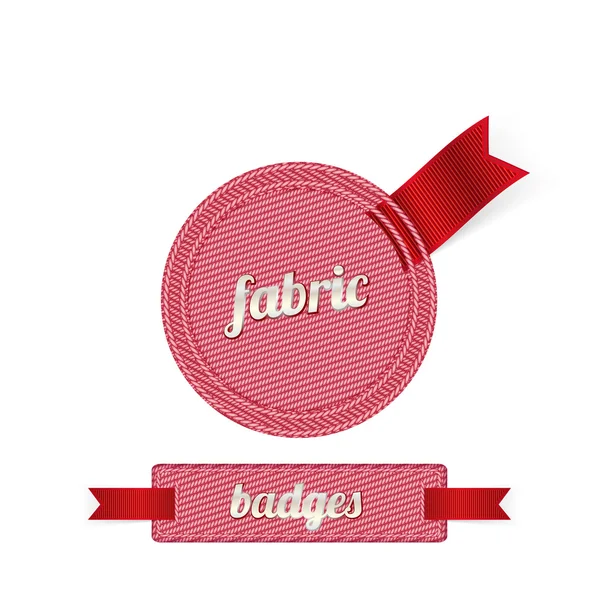 Pink vector fabric badges with red ribbons — Stock Vector