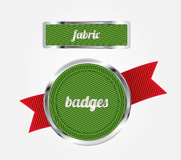 Green vector fabric badges with red ribbon and metallic decorations — Stock Vector
