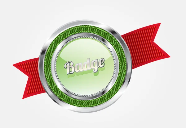 Emblema de tecido vetorial verde com fita vermelha e decoração metálica — Vetor de Stock