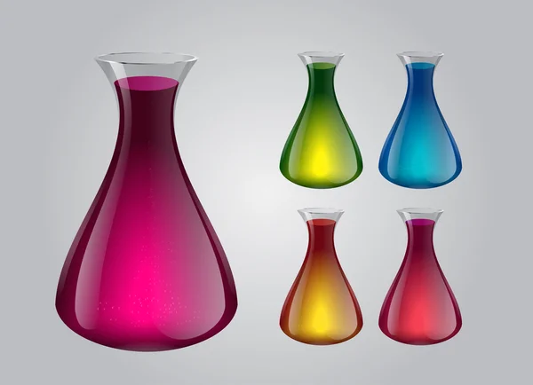 Botellas vectoriales con líquido brillante y burbujeante de colores mágicos . — Vector de stock