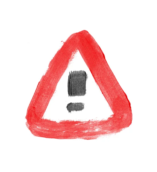 Red hand-painted exclamation - warning - danger triangle traffic sign - icon — Stock Photo, Image