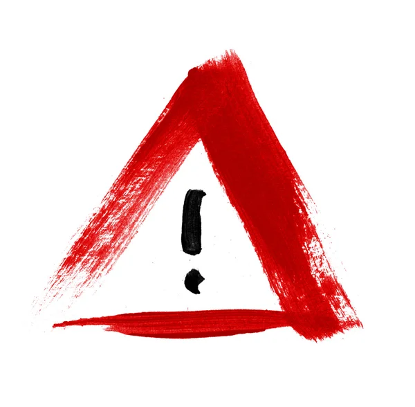 Red hand-painted exclamation - warning - danger triangle traffic sign - icon — Stock Photo, Image