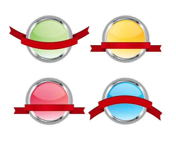 Set of 4 glossy glass promotional badges with red ribbon banners — ストック写真