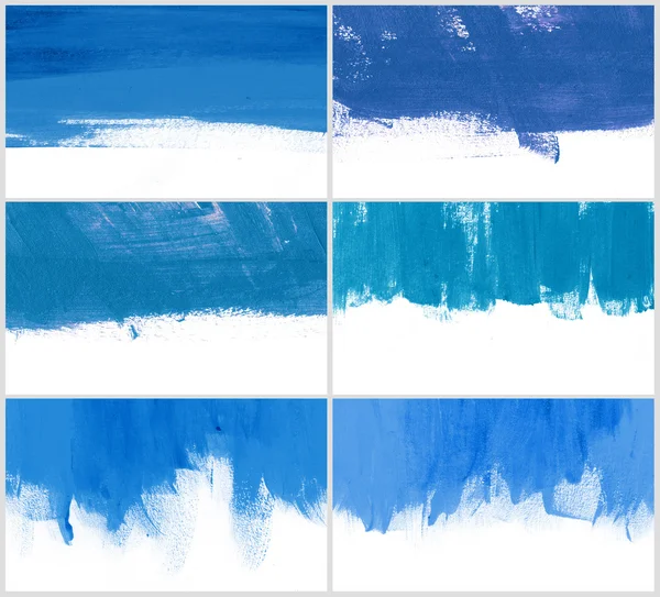 Set de 6 fondos pintados a mano en color azul con trazo de pincel daub —  Fotos de Stock