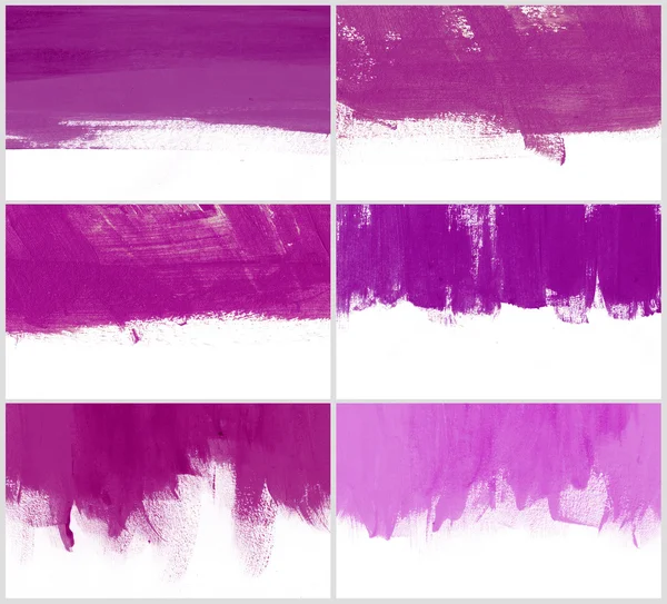 Set de 6 pincel púrpura pintado a mano trazo daub fondos —  Fotos de Stock