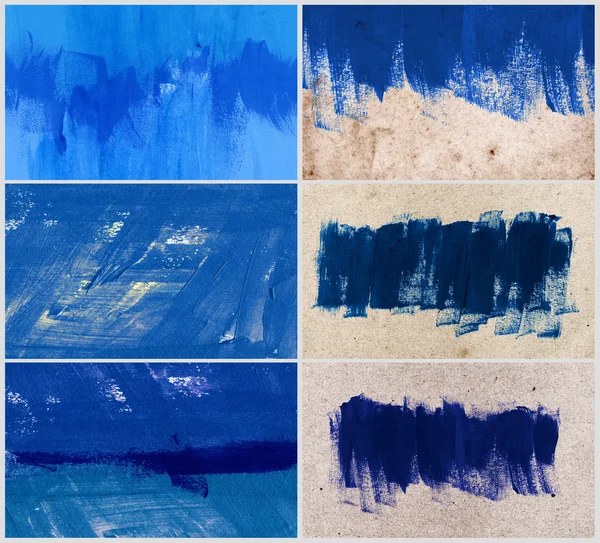 Set of 6 blue hand-painted brush stroke daub backgrounds — Stock Photo, Image
