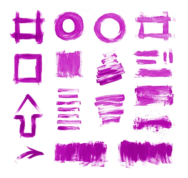 Conjunto de pinceladas pintadas a mano púrpura, daubs, marcos, texturas y flechas —  Fotos de Stock