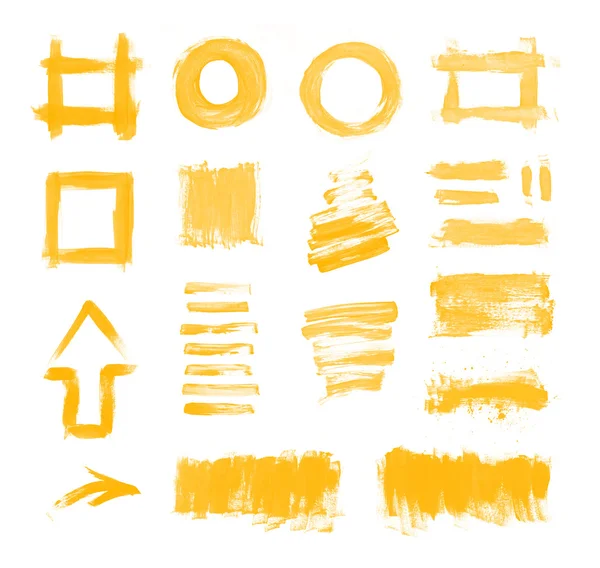 Set of yellow hand painted brush strokes, daubs, frames, textures and arrows — Stock Photo, Image