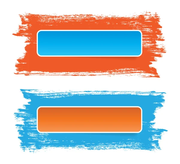 Bright stickers banners on hand-painted daub backdrops, orange - blue — Stock Photo, Image