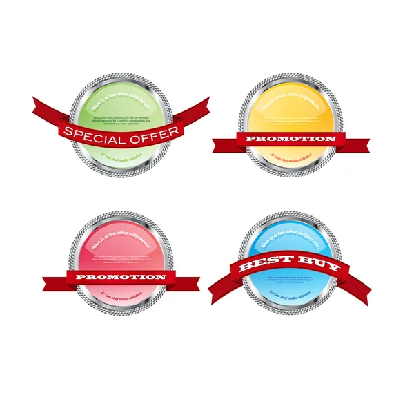 Set di 4 badge promozionali in vetro lucido vettoriale con banner a nastro rosso — Vettoriale Stock