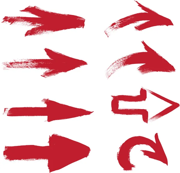 Red vector hand-painted brush stroke arrows collection on black background — Stock Vector
