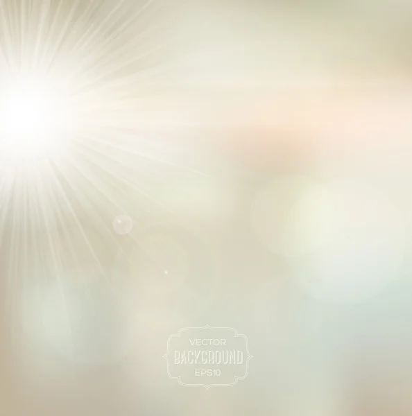 Vector blurry soft light beige background with photographic bokeh effect and bright sun. — Stock Vector