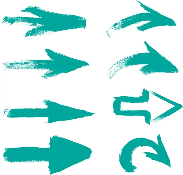 Turquoise vector hand-painted brush stroke arrows collection on black background — Stock Vector