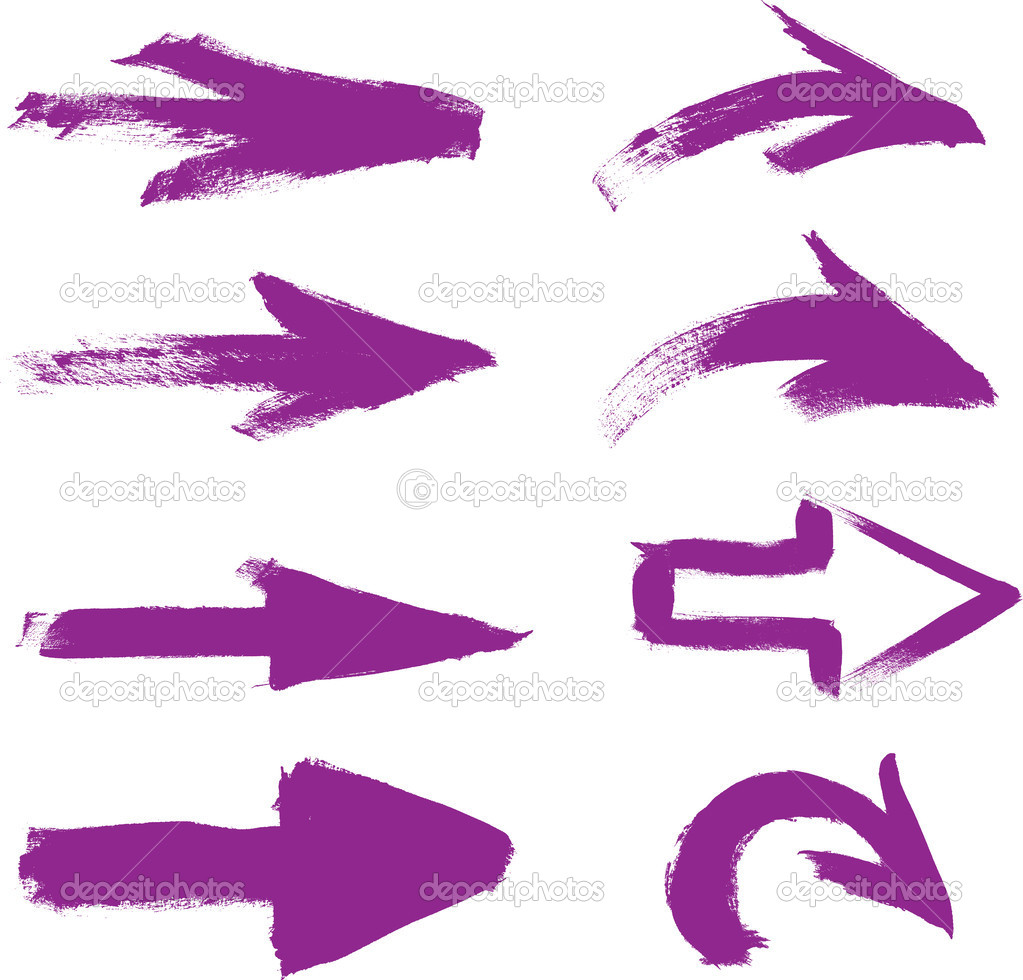 Purple vector hand-painted brush stroke arrows collection on black background