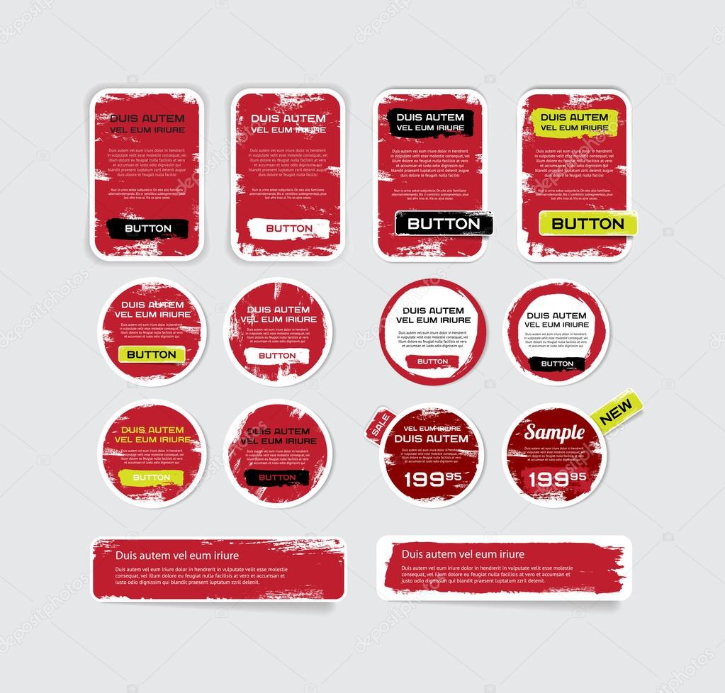 A set of red vector grungy paper stickers, labels, tags and banners