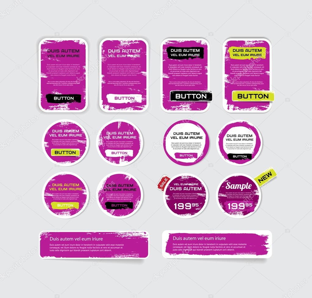 A set of purple vector grungy paper stickers, labels, tags and banners