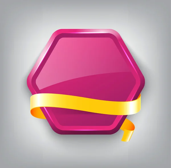Purple vector glossy hexagonal plastic badge with yellow silky ribbon — Stock Vector