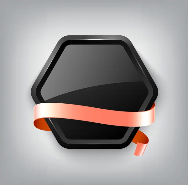 Schwarzer Vektor glänzend sechseckiges Plastikabzeichen mit blassrosa seidenem Band — Stockvektor