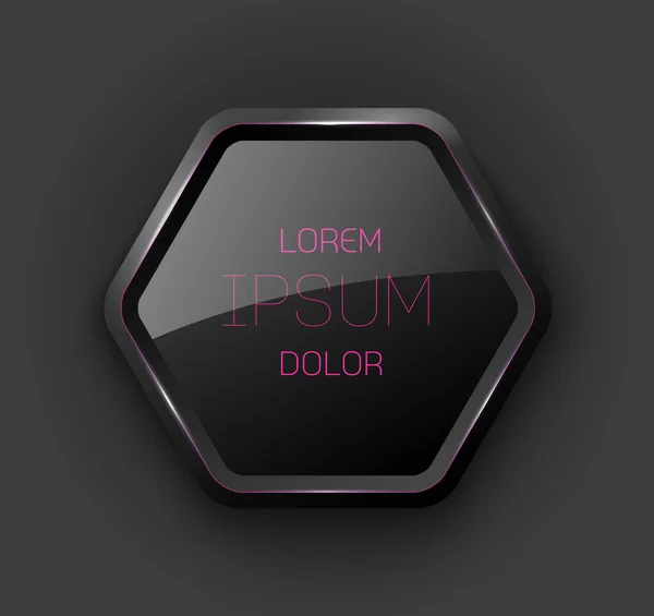Vector black plastic glossy hexagonal badge with purple neon details — Stock Vector
