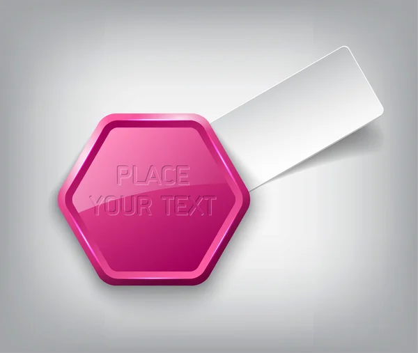 Badge in plastica esagonale lucido vettoriale rosa con cartellino di carta — Vettoriale Stock