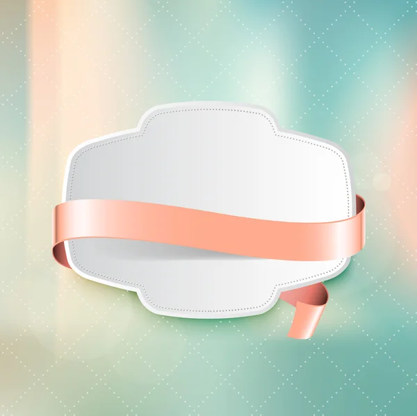 Vector vintage white plastic badge with pale pink ribbon over photographic unfocused background — Stock Vector