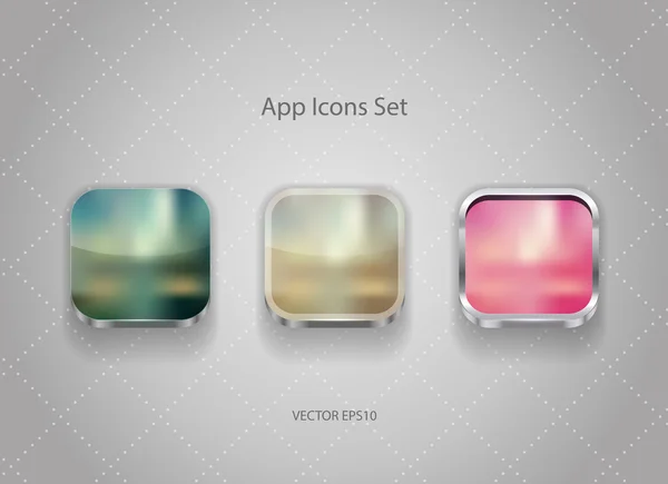 Vector square app icons with metallic borders and blurry unfocused backgrounds. — Stock Vector